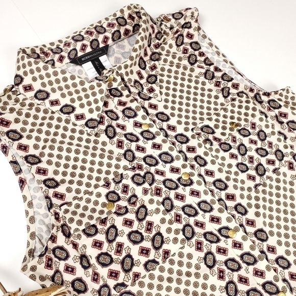 BCBGMAXAZRIA Cream Red Paisley Print Button Down Poly Tunic Top Sz L - Picture 10 of 11